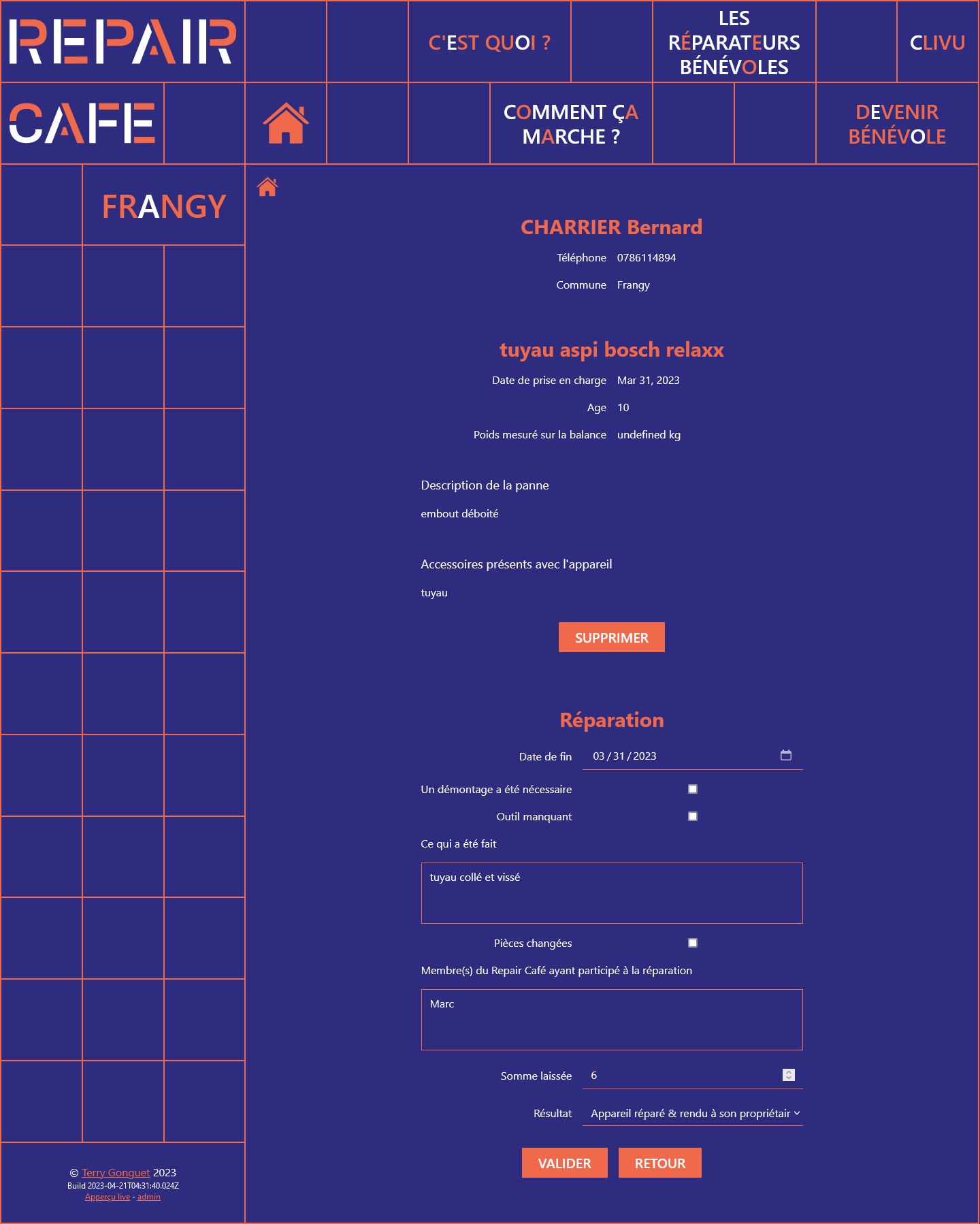 A screenshot of the Repair Cafe's repair backend form