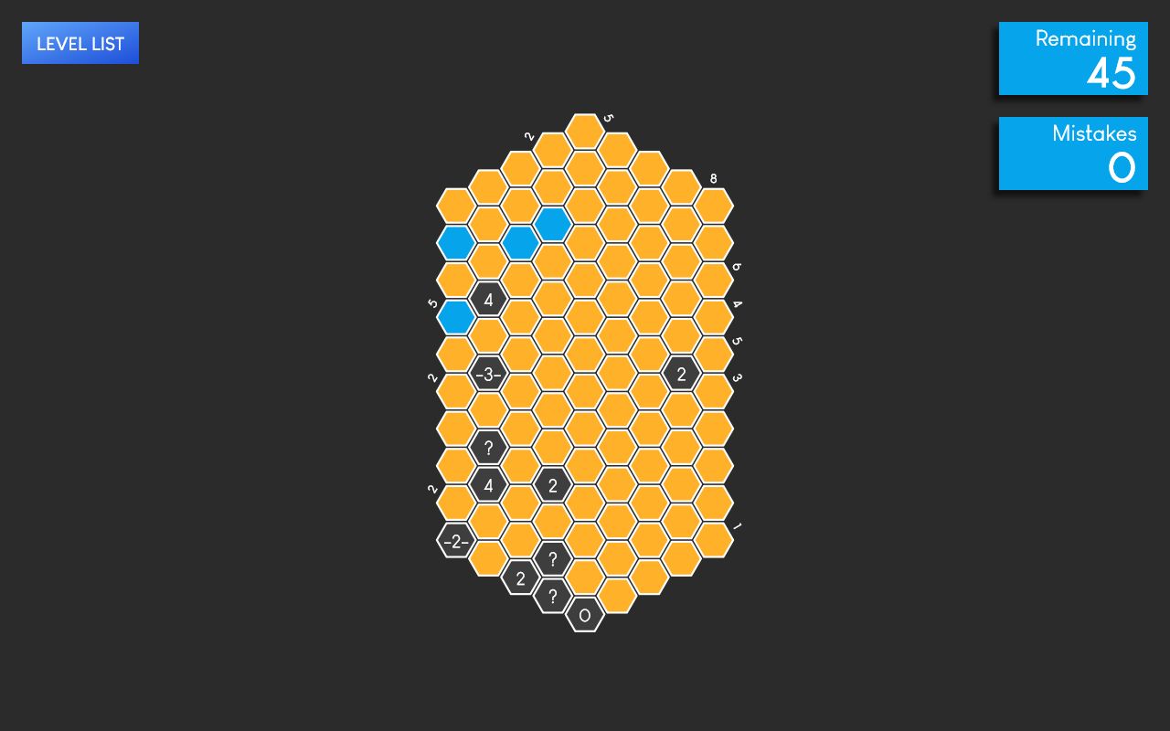 A screenshot of a Webcells puzzle called 'Hex', in the original Hexcells color scheme